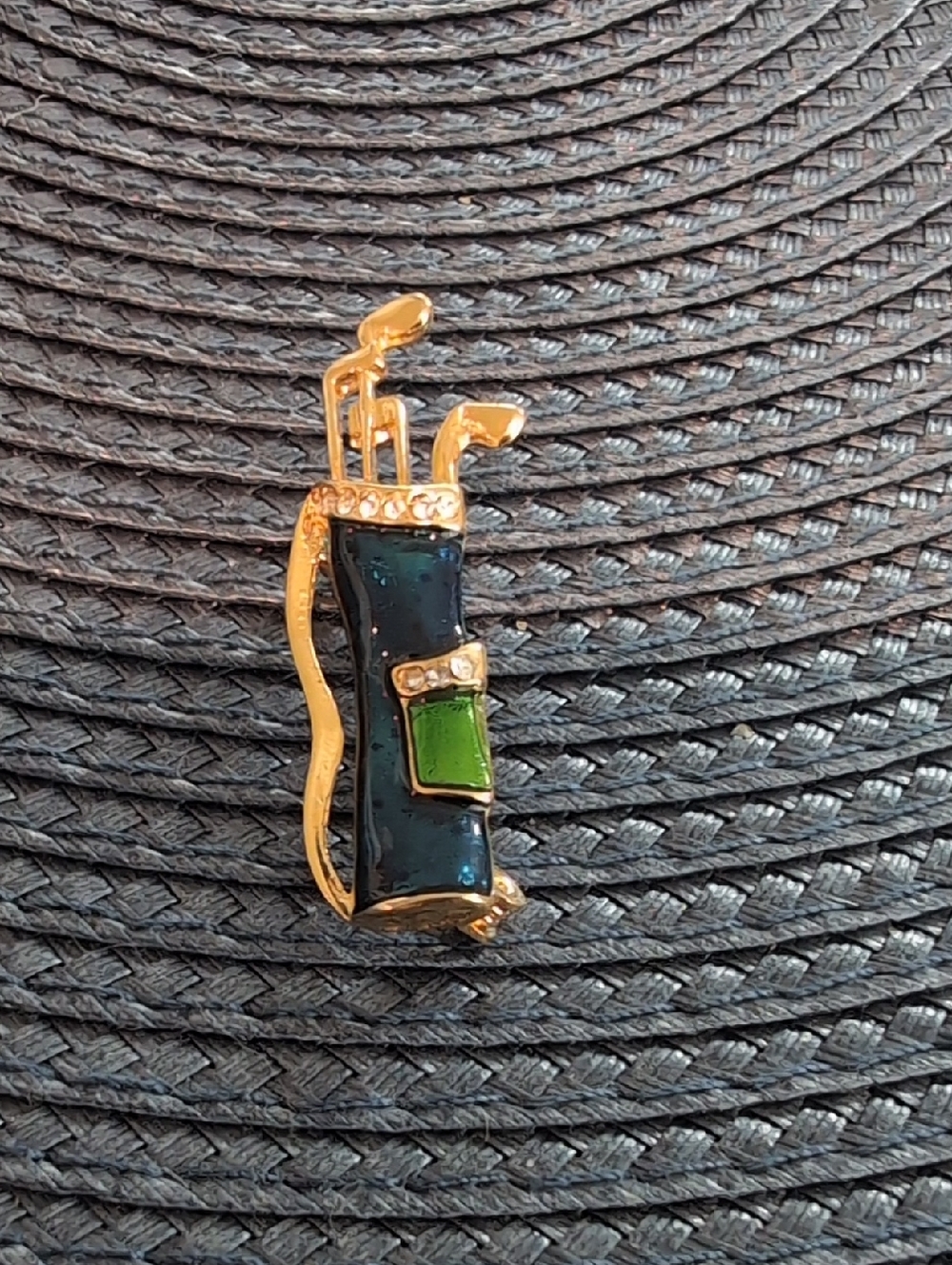 Gold-Tone Enamel Golf Bag Broach - Navy Blue & Green w/Crystal Accent